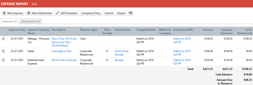 Autotask PSA Expense Report