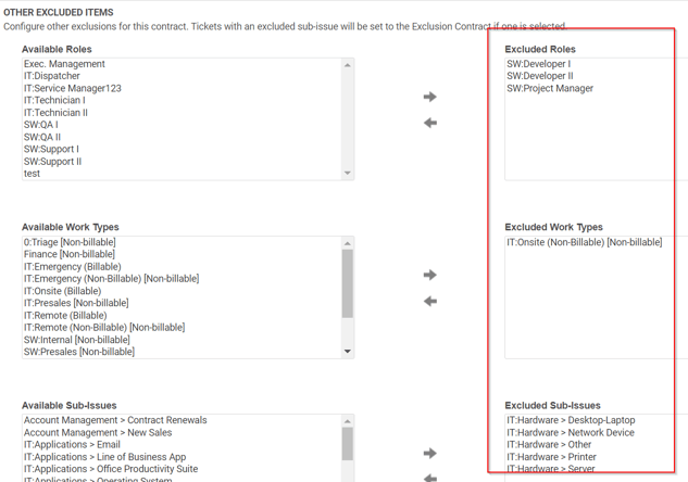 Screenshot of our Autotask Contract Exclusions