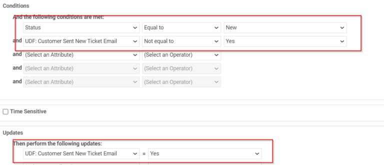 Screenshot of: Our Autotask Workflow Rule conditions and updates.
