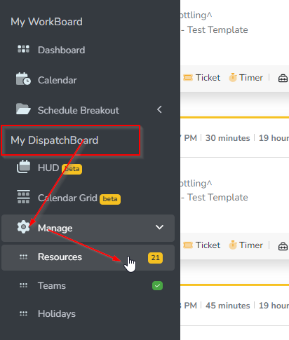 Accessing the Manage Resources screen via the Rocketship DispatchBoard.